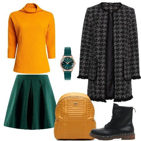 Outfit donna - Basic #20664. Stile Basic per Tutti i giorni. Abbinamento con blazer, maglione effetto testurizzato giallo, gonna forma svasata con pieghe verde, stivaletti, zaino con bretelle e taschini senape, orologio analogico con cinturino verde.