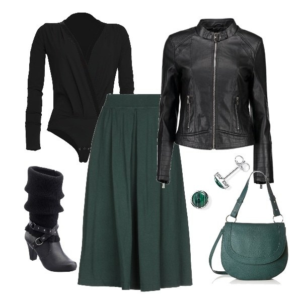 Outfit donna - Dark style. Stile Trendy per Serata fuori. Abbinamento con stivali, gonna longuette interno sfoderato jersey, top contrasto scollatura profonda a maniche lunghe jersey, giacca sportiva, shopping bag con zip verde, orecchini.