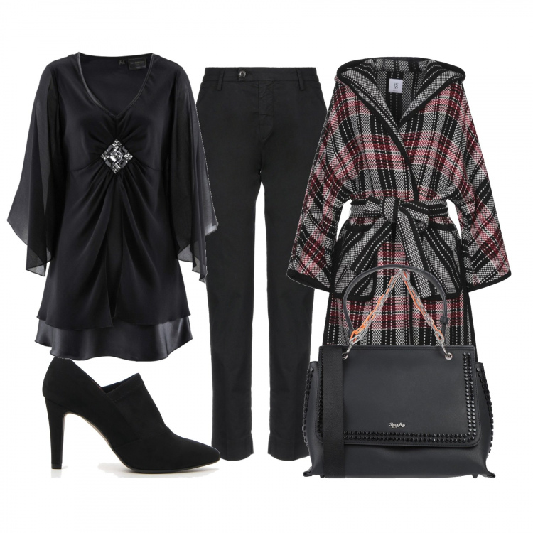 Outfit donna - Professoressa di lettere. Stile Chic per Scuola/Università. Abbinamento con tuniche, soprabito in flanella, borse a mano, pantalone lungo, tronchetti con tacco alto.
