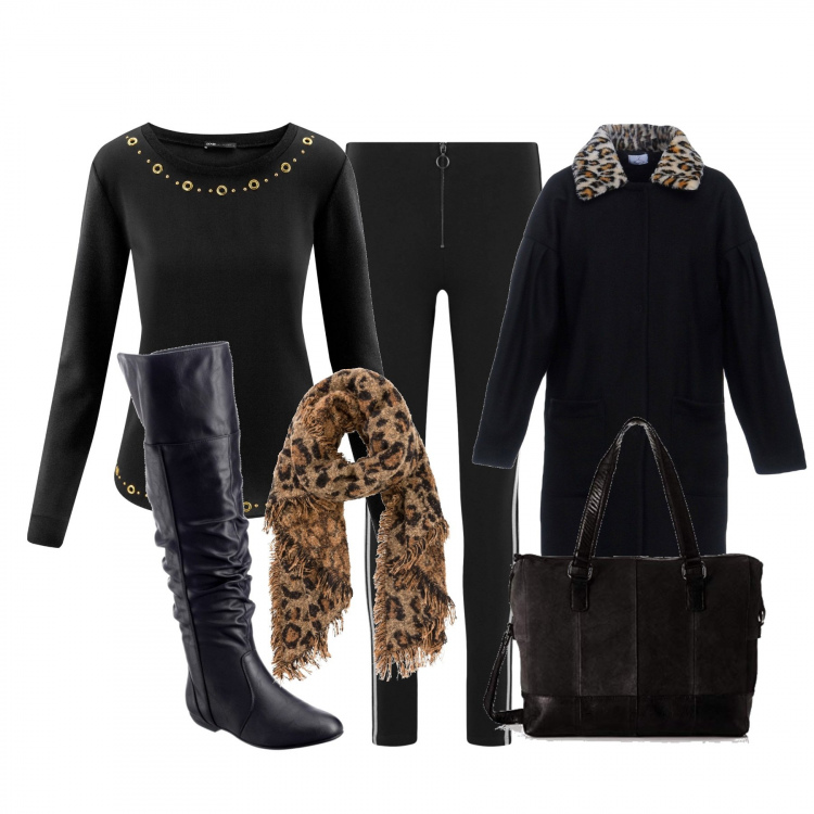 Outfit donna - Maglioncino bordato oro. Stile Urban per Tutti i giorni. Abbinamento con stivali sopra il ginocchio, scialli, cappotto, maglione taglio dritto nero, leggings sport con zip aderente nero, borse a spalla.