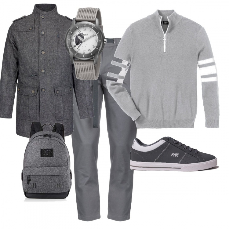 Outfit uomo - Grigio total look. Stile Casual per Ufficio. Abbinamento con t-shirt sportive, pantalone con zip twill, giubbotto marrone, orologio, borse sportive, sneakers grigio.