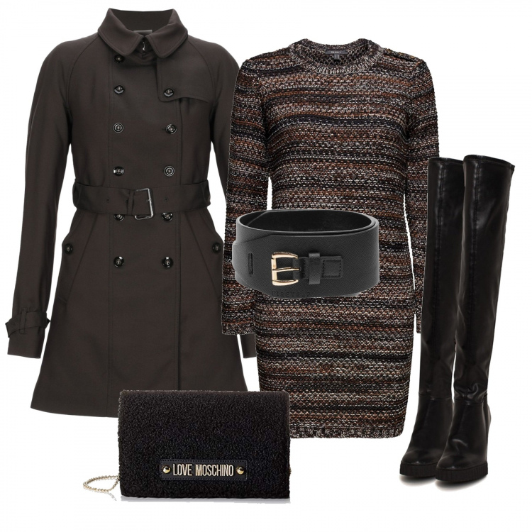 Outfit donna - Urban #11344. Stile Urban per Ufficio. Abbinamento con soprabito, stivali nero, vestito taglio dritto con bottoni nero, cinture, pochette.