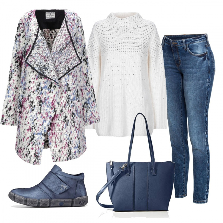 Outfit donna - Cardigan. Stile Basic per Tutti i giorni. Abbinamento con jeans skinny, scarponcini con borchie suola piatta blu, cardigan fantasia multicolore collo con revers in bouclè, maglioncino con strass lavorato a maglia collo a dolcevita a maniche lunghe taglia media senza tasche tinta unita, borse a spalla.