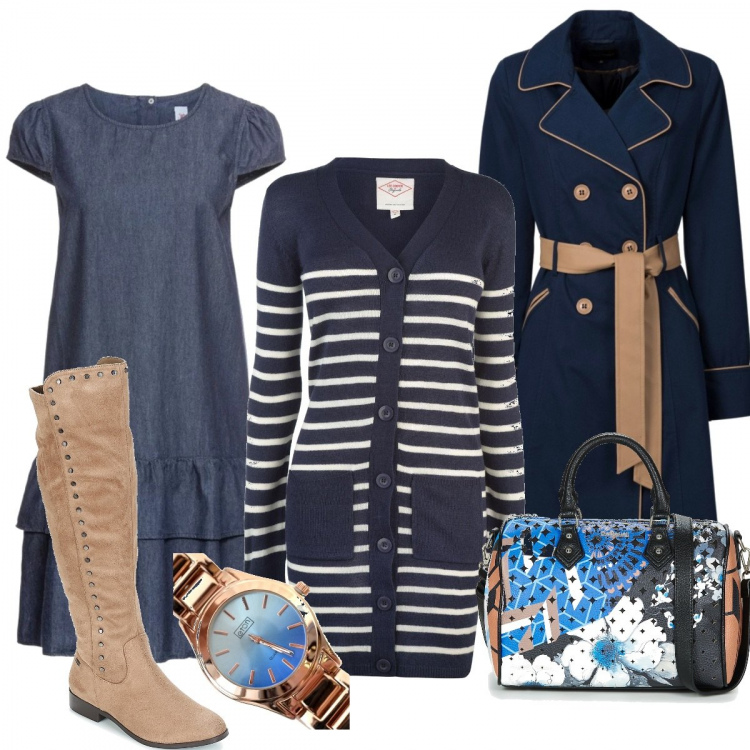 Outfit donna - Femminile #comodità. Stile Chic per Tutti i giorni. look ideale per Petite. Abbinamento con trench, vestiti, stivali sulla coscia nero, borsetta blu, orologio analogico azzurro e blu, cardigan.