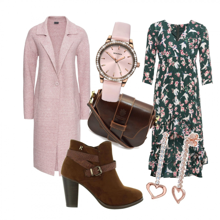 Outfit donna - Abito fiorito con cappotto rosa. Stile Trendy per Tutti i giorni. Abbinamento con cappotti, camicie, borsa a tracolla marrone, stivaletti con scritte effetto scamosciato con zip interno in pelle in pelle sintetica, orecchini, orologi analogici.