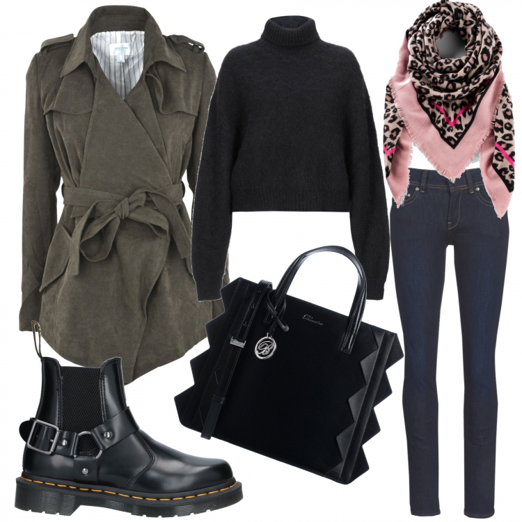 Outfit donna - Giacca trendy. Stile Trendy per Tutti i giorni. Abbinamento con foulard, stivaletti, giubbotto con spacco a maniche lunghe interno foderato tinta unita, borse a mano, maglioncino fantasia lavorato a maglia collo a dolcevita a maniche lunghe in mohair vestibilità ampia, jeans dritti.
