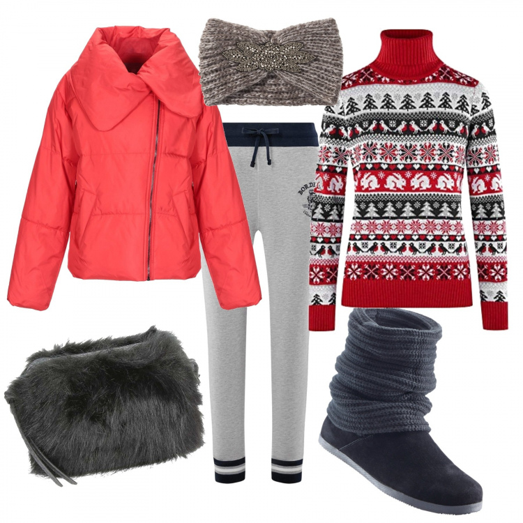 Outfit donna - Weekend in montagna. Stile Basic per Tutti i giorni. Abbinamento con stivali, cappelli, piumino collo classico a maniche lunghe con zip interno imbottito in tessuto tecnico tinta unita, borse a tracolla, pantalone con coulisse in in maglia aderente grigio, maglioni.