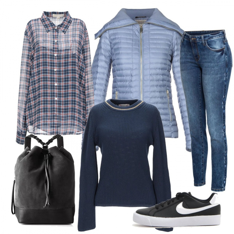 Outfit donna - Esco a prendere la bimba a scuola. Stile Basic per Tutti i giorni. Abbinamento con jeans skinny, pullover lavorato a maglia collo tondo a maniche lunghe in cotone tinta unita, camicie, cappotti, sneakers, zaino.
