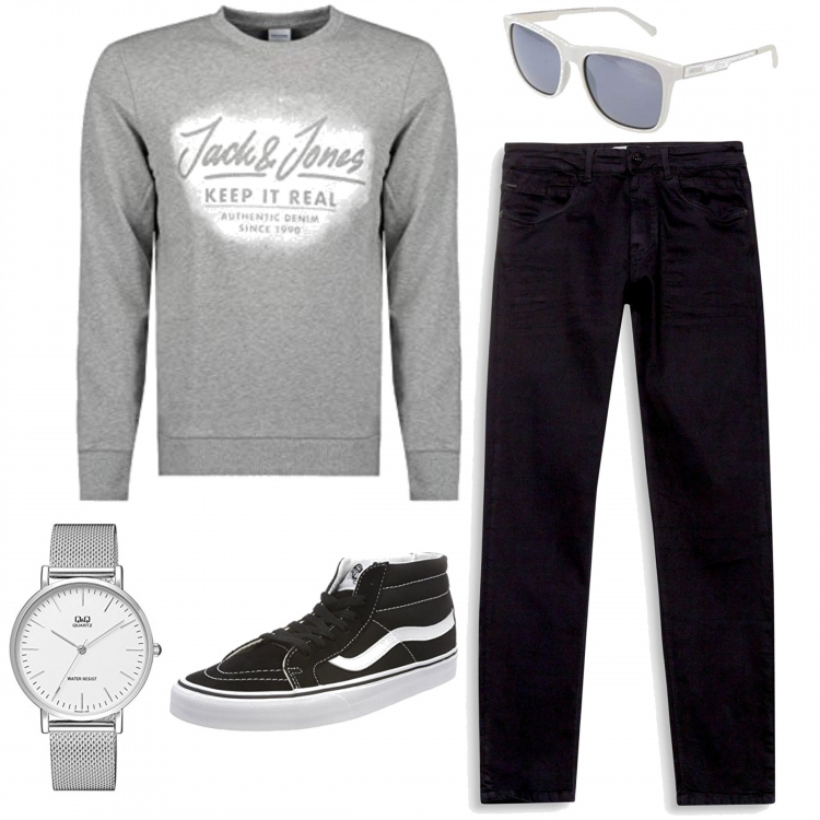 Outfit uomo - Black&Grey. Stile Casual per Tutti i giorni. Abbinamento con felpa melange grigio, orologi analogici, pantalone nero, occhiali da sole bianco, sneakers collo alto unisex-adulto nero e bianco.