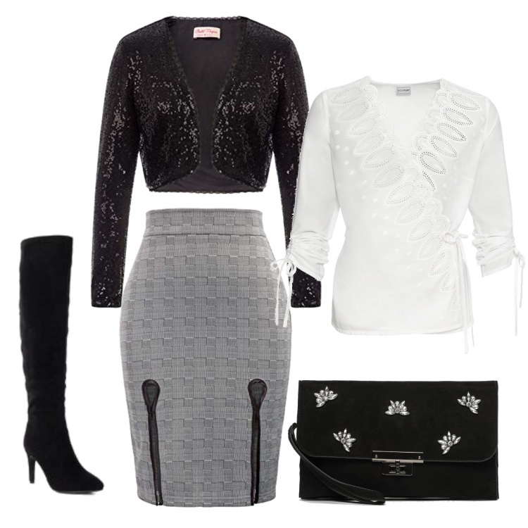 Outfit donna - Tartan. Stile Chic per Serata fuori. look ideale per Petite. Abbinamento con jeans bootcut, gonna con spacco e stampa con fasce elasticizzato, cardigans, stivali con zip interno in tessuto nero, pochette nero.