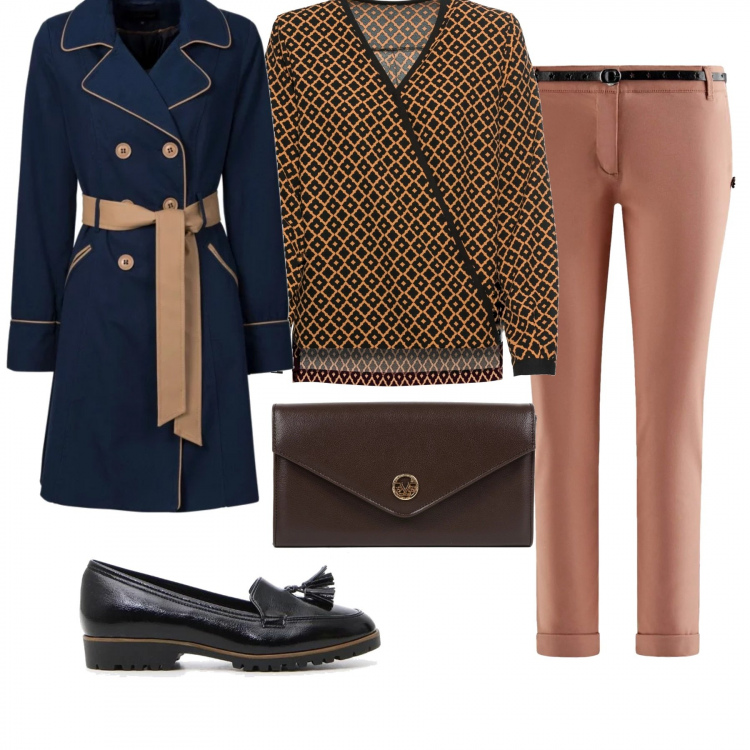 Outfit donna - Bon Ton #15746. Stile Bon Ton per Ufficio. Abbinamento con trench, blusa, pantalone, mocassini effetto vernice con nappine nero, clutch in pelle marrone.