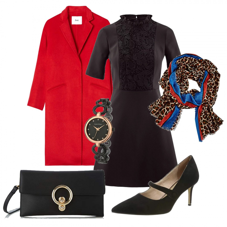 Outfit donna - Black Friday 2019. Stile Chic per Tutti i giorni. Abbinamento con vestito con pizzo aderente nero, cappotto, scarpa col tacco, sciarpe, orologi analogici, borsa a mano nero.