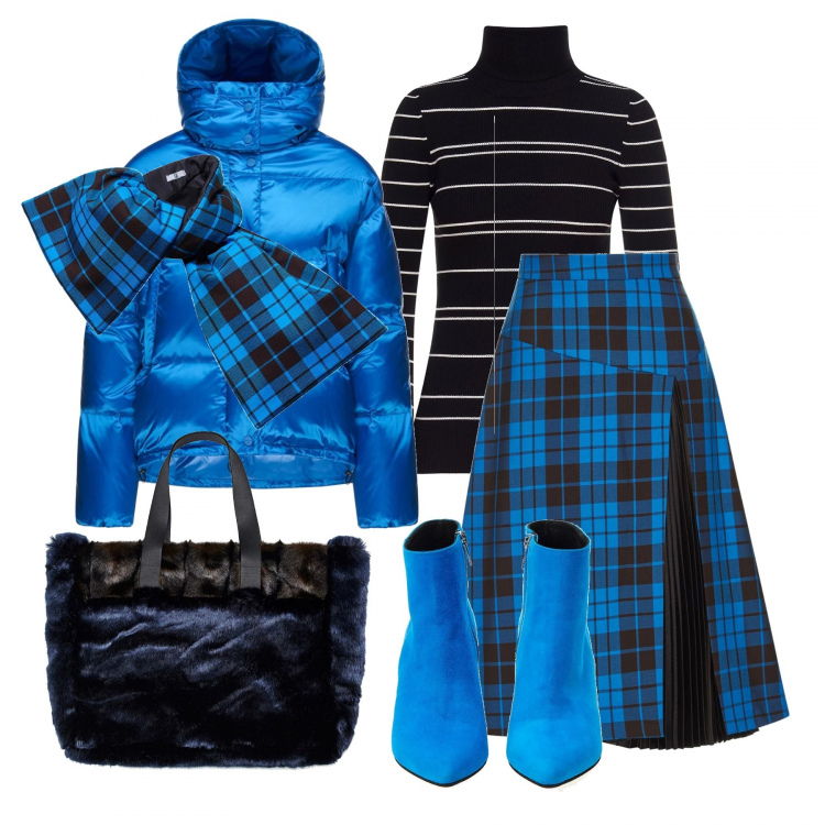 Outfit donna - Sky. Stile Urban per Tutti i giorni. Abbinamento con gonna al ginocchio a quadri plissè con cinturino fatto a mano, piumino made italy collo alto con coulisse e bottoni nero, sciarpa fantasia blu, tronchetti made italy in pelle blu e nero, maglioncino made italy a righe collo alto elasticizzato nero e bianco, cintura maxi made italy blu e nero e rosa.