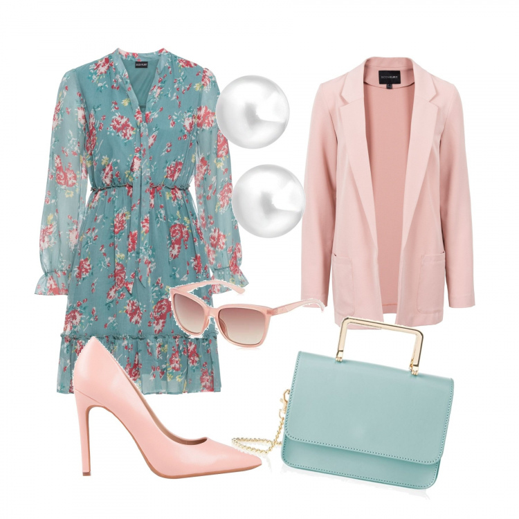 Outfit donna - Invito ad una cresima. Stile Chic per Cerimonia. Abbinamento con vestito con volant e scollo con laccetti blu, blazer, décolleté a punta tinta unita, shopping bag turchese, occhiali da sole rosa, orecchini con perle in argento 925 argento.