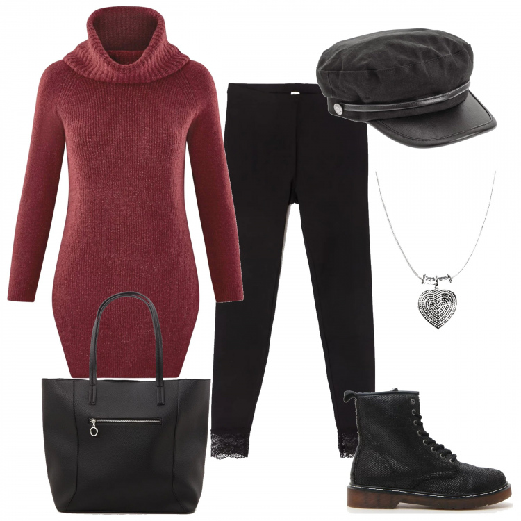 Outfit donna - Trendy outfit. Stile Trendy per Tutti i giorni. Abbinamento con leggings con pizzo tinta unita nero, shopping bag con manico in ecopelle nero, maglioni, stivaletti, berretti, vestiti.