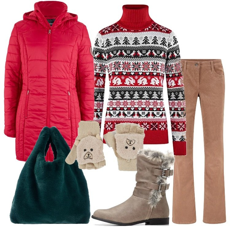Outfit donna - Una gita a Sestriere. Stile Basic per Tutti i giorni. Abbinamento con pantaloni, cappotto effetto lucido rosso, stivali con zip marrone, borsa a mano maxi, guanti con stampa beige, maglioni.
