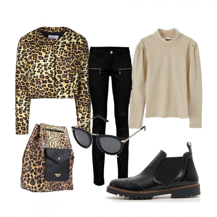 Outfit donna - Animo animalier. Stile Urban per Tutti i giorni. Abbinamento con pantaloni cargo, giubbotto fantasia collo tondo a maniche lunghe interno imbottito in tessuto tecnico monopetto, borsa, maglia lunga tinta unita beige, stivaletti, occhiali da sole nero.