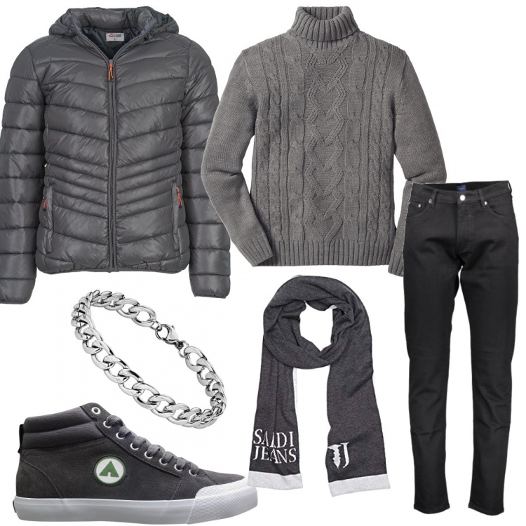 Outfit uomo - Total gray. Stile Casual per Tutti i giorni. Abbinamento con maglieria, piumino grigio, jeans, bracciale, sneakers, sciarpe.