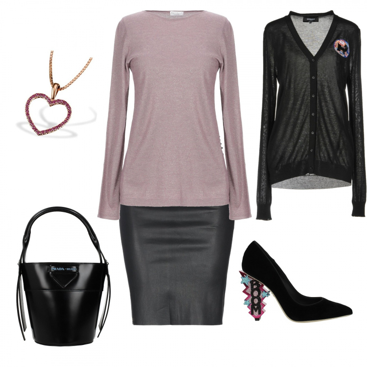 Outfit donna - Curvy & glamour. Stile Urban per Ufficio. Abbinamento con pullover lavorato a maglia collo tondo a maniche lunghe in seta tinta unita, cardigan, gonna al ginocchio senza tasche con borchie e zip interno sfoderato tinta unita, décolleté, borse a mano, borse.