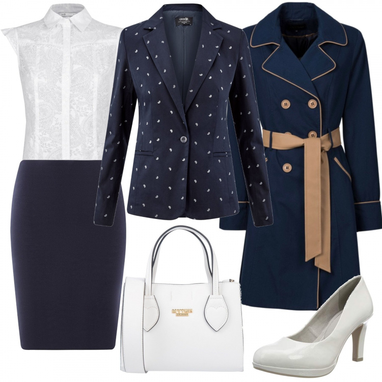 Outfit donna - Monday style Oodji. Stile Bon Ton per Ufficio. Abbinamento con trench, borsa a mano mini con zip interno sfoderato in pelle sintetica tinta unita, blazer collo con revers aderente blu, camicetta aderente bianco, gonne, scarpe col tacco.
