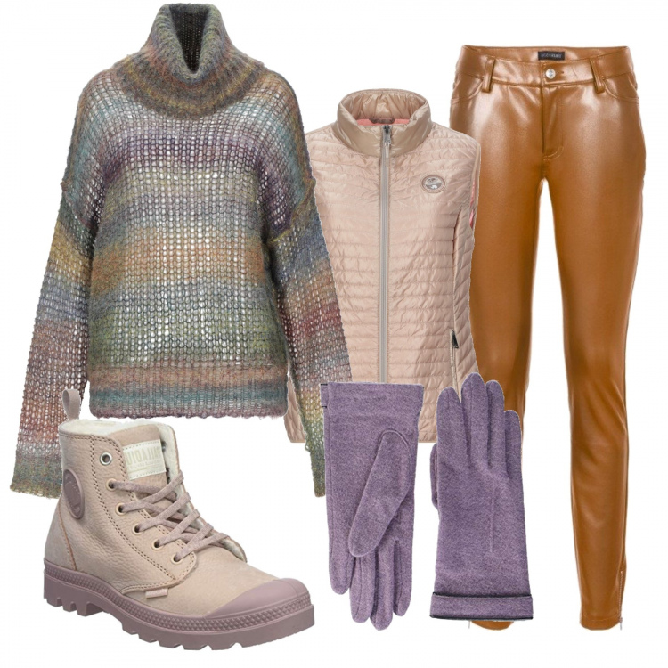 Outfit donna - Urban #11444. Stile Urban per Tutti i giorni. Abbinamento con orecchini, piumino contrasto collo coreana senza maniche con zip interno imbottito in tessuto tecnico tinta unita, stivali, guanti.