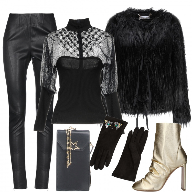 Outfit donna - I guanti che fanno la differenza. Stile Sexy per Serata fuori. Abbinamento con pullovers, ecopelliccia, stivaletti, guanti con strass effetto scamosciato interno foderato tinta unita, pantalone vita alta con zip tinta unita, borsa messenger.
