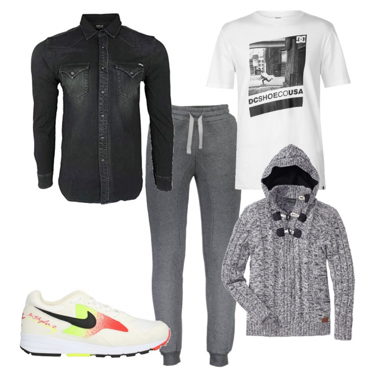 Outfit uomo - Urban #1511. Stile Urban per Tutti i giorni. Abbinamento con maglieria, sneakers tennis, camicie, pantalone con lacci grigio, t-shirt.