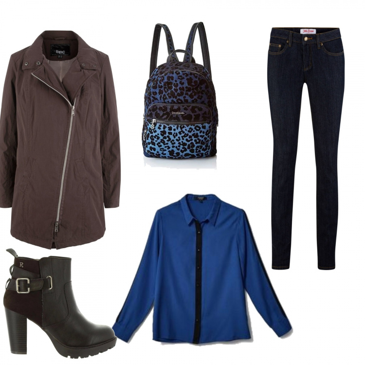 Outfit donna - Blu e marrone bruciato. Stile Basic per Tutti i giorni. Abbinamento con jeans skinny, parka marrone, camicia a maniche lunghe con bottoni blu e nero, stivaletti, zaini.