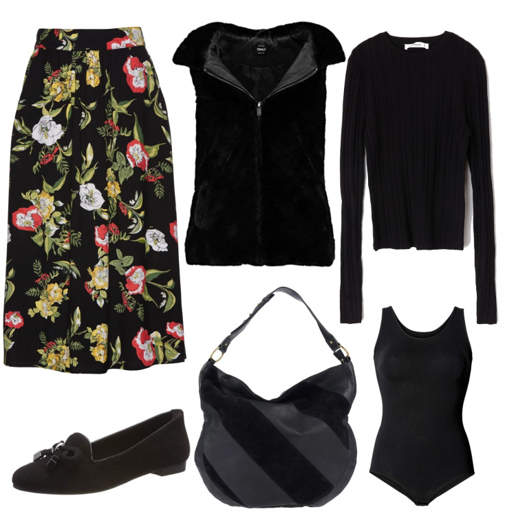 Outfit donna - Etnico. Stile Etnico per Ufficio. Abbinamento con body, gonna longuette, borsa a mano maxi fantasia multicolore effetto scamosciato con zip interno foderato con manico, maglia a coste girocollo a maniche lunghe tinta unita nero, gilet con cappuccio nero, mocassini nero.