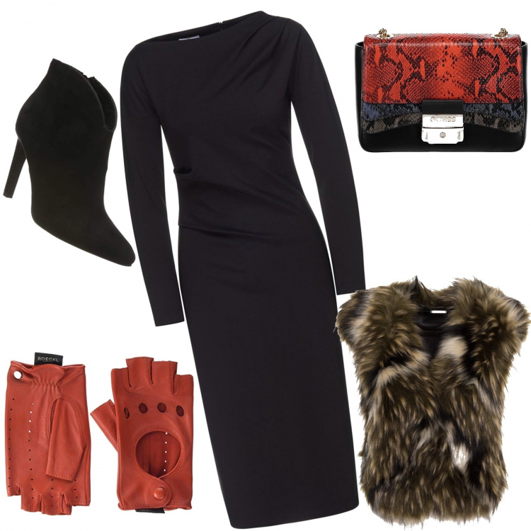 Outfit donna - Guanti super chic.... Stile Chic per Serata fuori. Abbinamento con giubbotto eco nero e multicolore, vestito a tubino con spacco e scollo a maniche lunghe con zip nero, stivaletti nero, guanti, borsa.