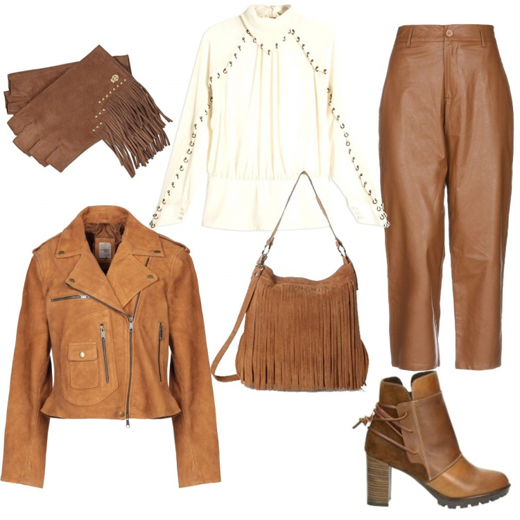 Outfit donna - Cowgirl chic per un giorno. Stile Trendy per Tutti i giorni. Abbinamento con pantalone lungo, blusa con fiocco senza tasche a maniche lunghe crêpe, giubbotto effetto scamosciato collo con revers a maniche lunghe con zip interno foderato tinta unita, stivaletti marrone, borsa a tracolla marrone, guanti.