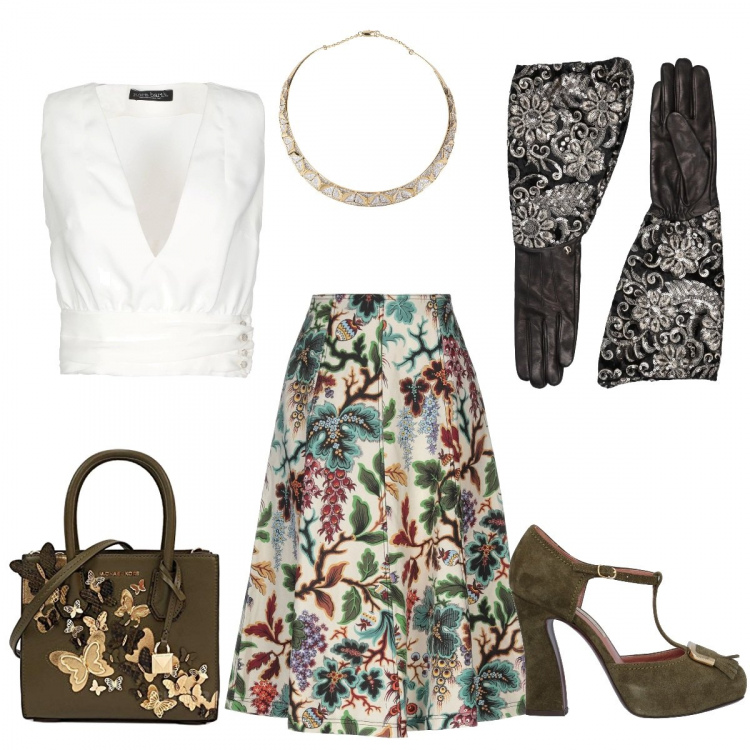 Outfit donna - I guanti stile Barocco. Stile Chic per Serata fuori. Abbinamento con gonne longuette, top, décolleté effetto scamosciato con tacco squadrato e fibbia interno in pelle con punta tonda tinta unita, guanti fantasia floreale effetto laminato interno foderato in ciniglia, collane, borsa a spalla.