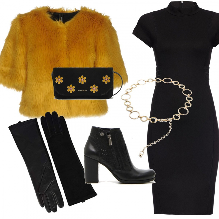Outfit donna - Lunghi guanti chic. Stile Trendy per Serata fuori. Abbinamento con cintura, ecopelliccia, vestito con spacco collo alto con zip nero, stivaletti, guanti, borsa a tracolla effetto scamosciato in pelle nero.
