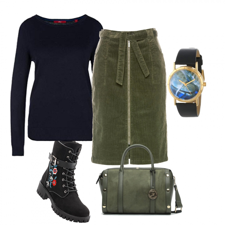 Outfit donna - La gonna in velluto. Stile Urban per Tutti i giorni. Abbinamento con stivali, gonne, borsa a mano effetto scamosciato con zip e tracolla regolabile kaki, felpa, orologi.