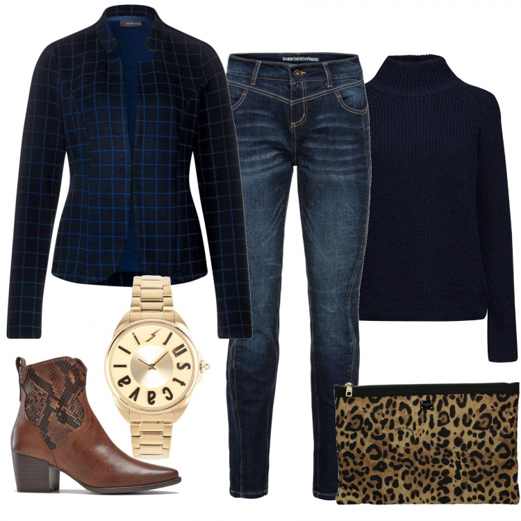 Outfit donna - Monday Style-Tailleurs Trendy. Stile Trendy per Tutti i giorni. Abbinamento con jeans boyfriend, stivaletti fantasia in pelle sintetica marrone, orologio con cinturino, pochette con stampa marrone, blazer, felpa.