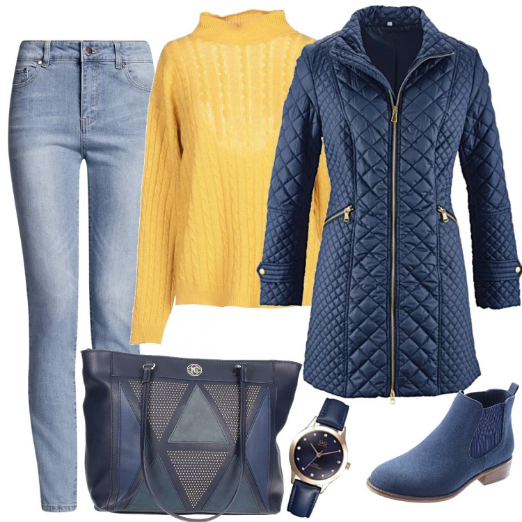 Outfit donna - Tocco di giallo. per Scuola/Università. Abbinamento con blazer, stivaletti chelsea, maglioncino a trecce lavorato a maglia collo a dolcevita a maniche lunghe senza tasche tinta unita, borsa, orologi analogici, jeans slim fit vita alta aderente blu.