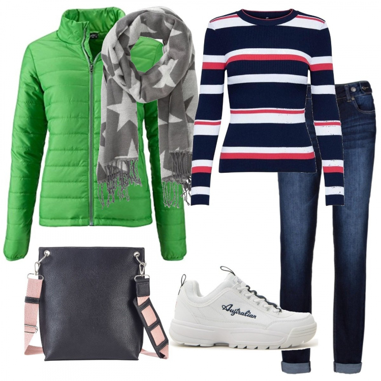 Outfit donna - Gita fuori porta. Stile Trendy per Tutti i giorni. Abbinamento con jeans boyfriend, borse a tracolla, ciondoli, pullover, sneakers, giacca.
