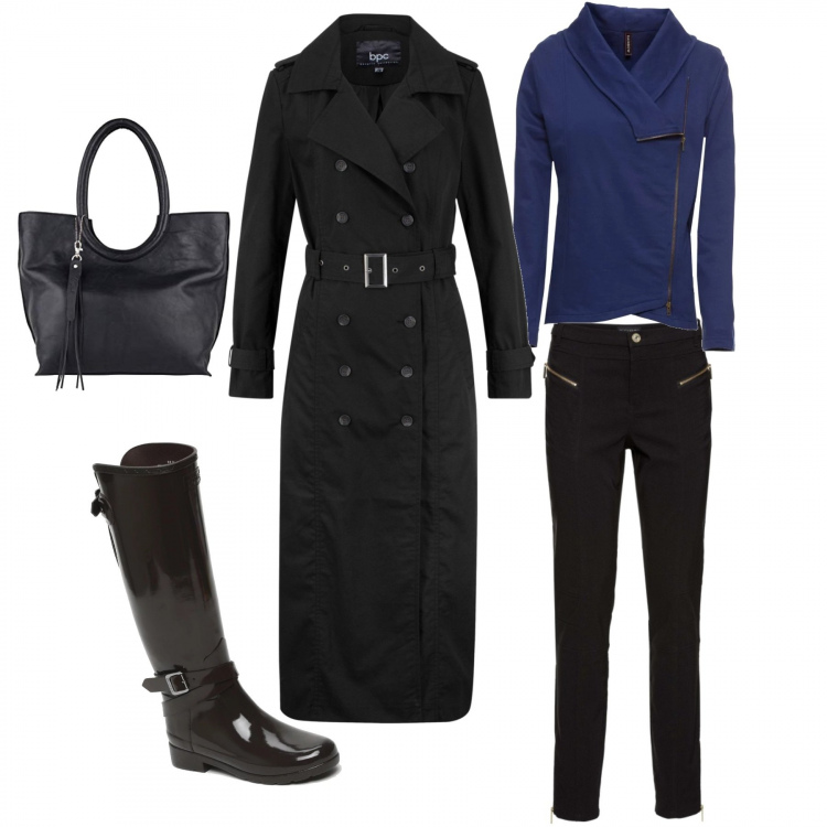 Outfit donna - Come quando fuori piove.. Stile Trendy Abbinamento con trench, gonne, vestiti, stivali marrone, borsa a spalla.