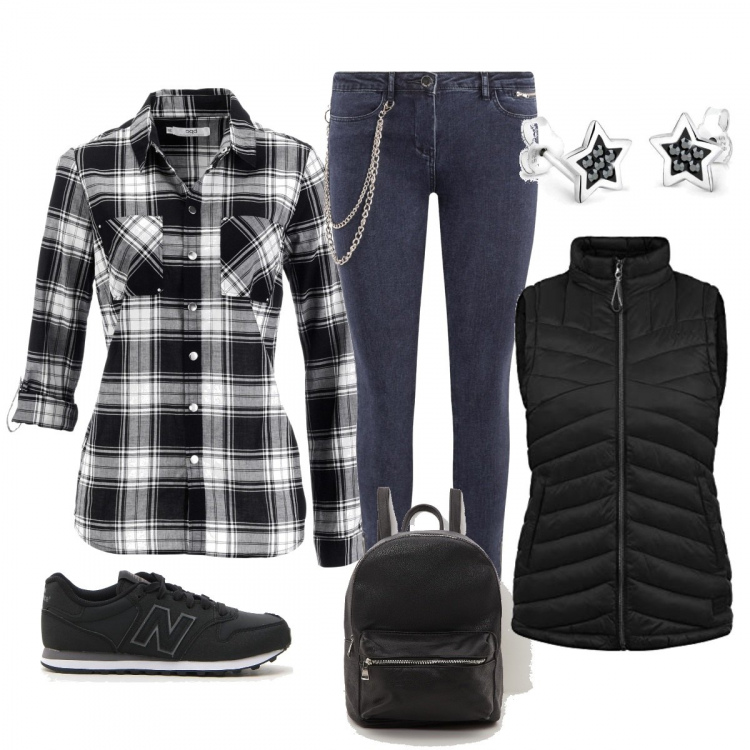 Outfit donna - Catena e quadri. Stile Trendy per Tutti i giorni. Abbinamento con camicie, zaino con manico effetto martellato con zip in ecopelle tinta unita nero, jeans skinny, sneakers, orecchini, gilet.