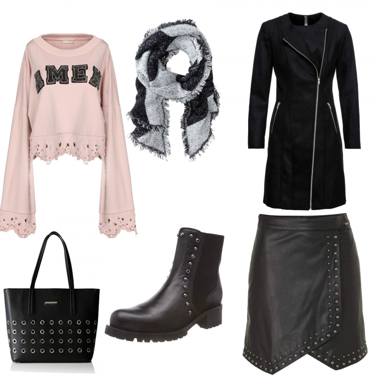 Outfit donna - Basic #21017. Stile Basic per Tutti i giorni. Abbinamento con sciarpe, cappotti, felpa, gonna nero, stivali chelsea nero, borsa tote nero.