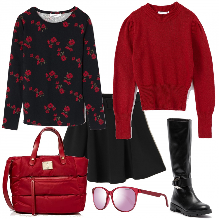 Outfit donna - Trendy #33482. Stile Trendy per Tutti i giorni. Abbinamento con maglia bordeaux, gonna skater con cintura tinta unita nero, t-shirt fantasia floreale girocollo a maniche lunghe nero, stivali con zip e punta tonda nero, borsa a spalla, occhiali da sole rosso.