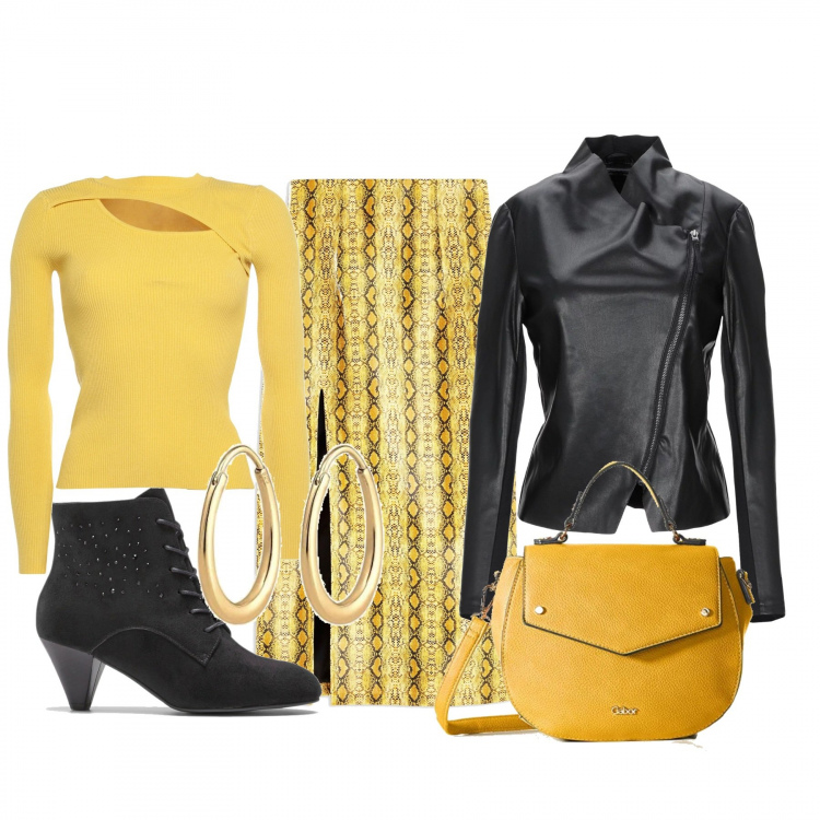 Outfit donna - Donne in festa. Stile Trendy per Serata fuori. Abbinamento con gonna longuette con spacco anteriore e stampa con zip interno foderato in pelle sintetica, pullovers, giubbotto collo a v a maniche lunghe con zip interno sfoderato in pelle sintetica jersey, reggiseni, borsa a tracolla giallo, orecchini.