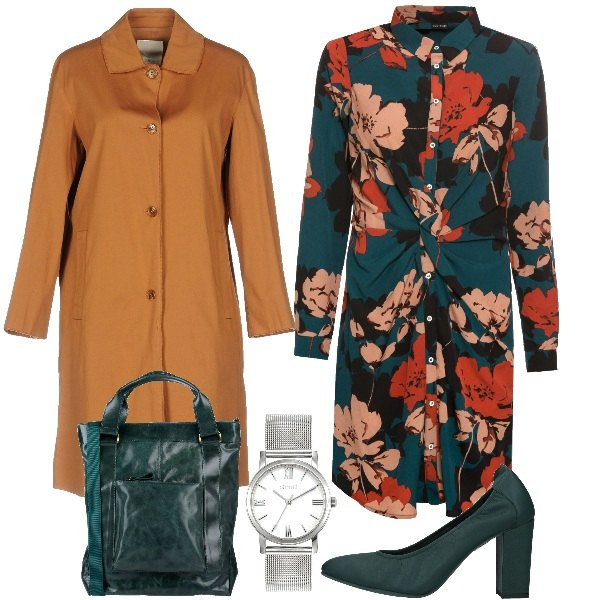 Outfit donna - Manager. Stile Basic per Ufficio. Abbinamento con borsa a mano, décolleté con tacco squadrato e punta tonda tinta unita, soprabito collo classico a maniche lunghe interno foderato in tulle tinta unita, vestiti, bracciale argento.