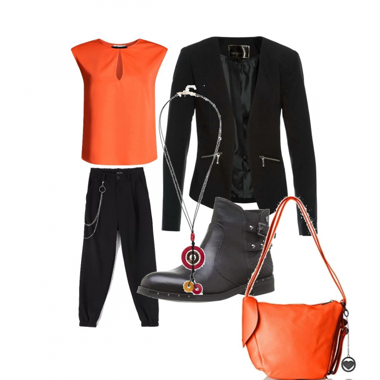 Outfit donna - Trendy anche in ufficio. Stile Trendy per Ufficio. Abbinamento con blazer, pantalone lungo, top, stivaletti nero, zaini.