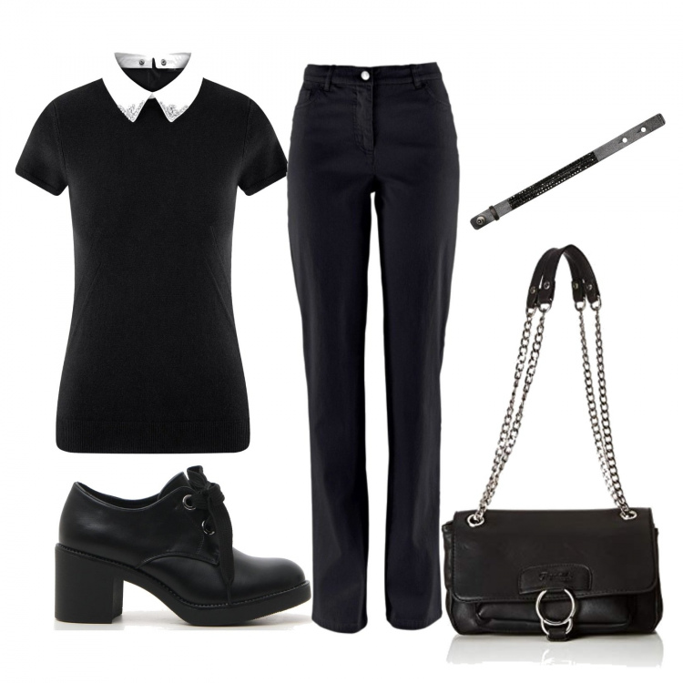Outfit donna - Se Mercoledì Addams portasse i pantaloni. Stile Urban per Ufficio. Abbinamento con pantaloni, bracciale nero, maglia a maniche corte aderente nero, scarpe stringate, borsa a tracolla.