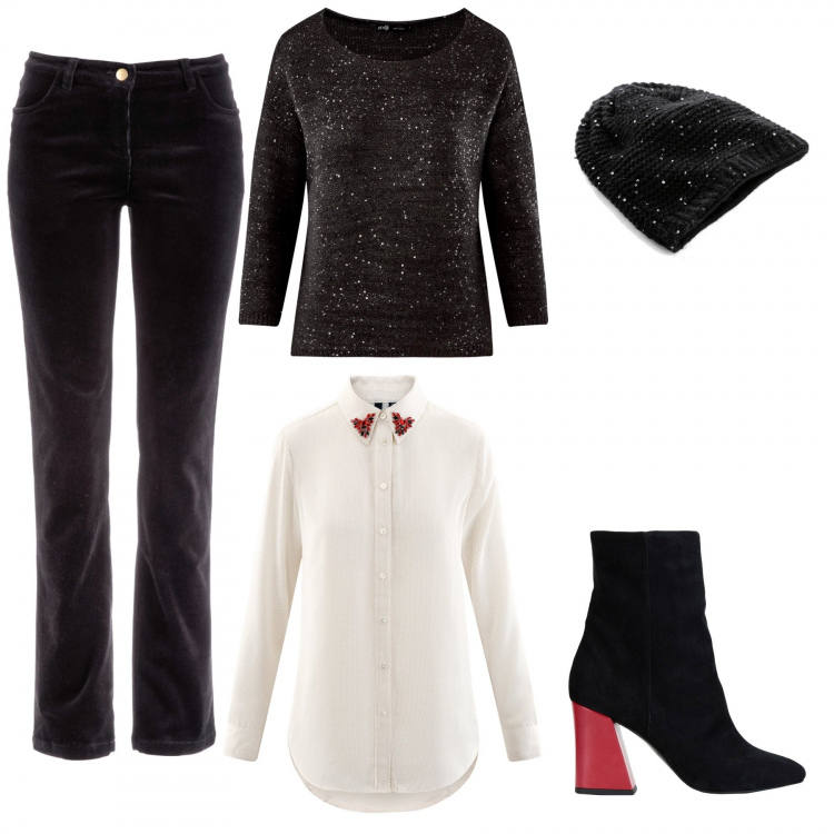 Outfit donna - Paillettes e velluto. Stile Trendy per Tutti i giorni. Abbinamento con pantaloni, berretti, stivaletti a coste con tacco squadrato e zip interno foderato con punta tonda in velluto tinta unita, maglioni, camicie.