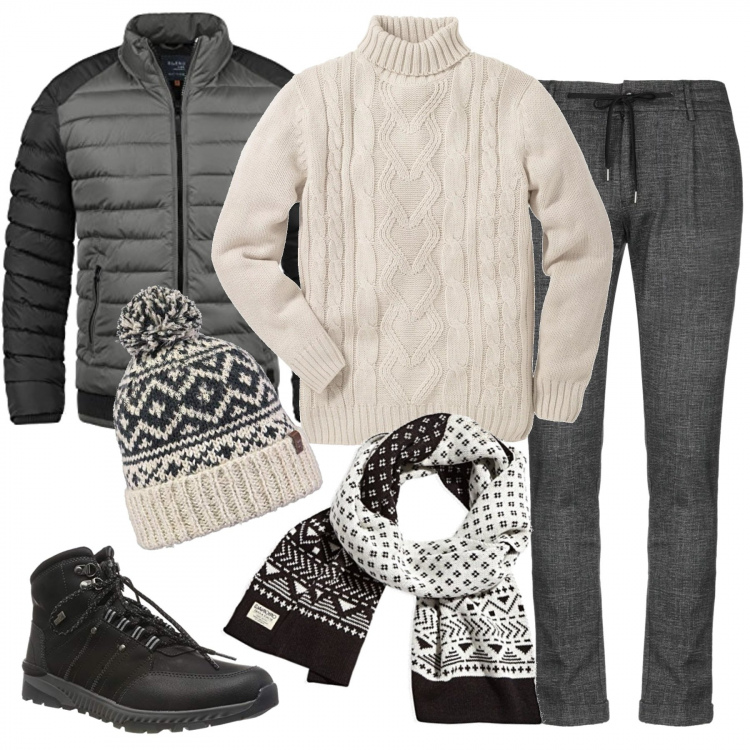 Outfit uomo - In stile norvrgese. Stile Casual per Tutti i giorni. Abbinamento con maglieria, pantalone fantasia con zip jersey, giacca, stivaletti, berretti, sciarpa multicolore e nero.