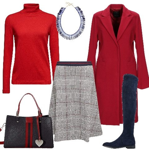 Outfit donna - Il cappotto sempre aperto. Stile Trendy per Tutti i giorni. Abbinamento con stivali effetto scamosciato con zip e punta tonda tinta unita, cappotti, collana con strass e perline in ottone con gancio maglia, gonne, borse a tracolla, felpa rosso e nero.