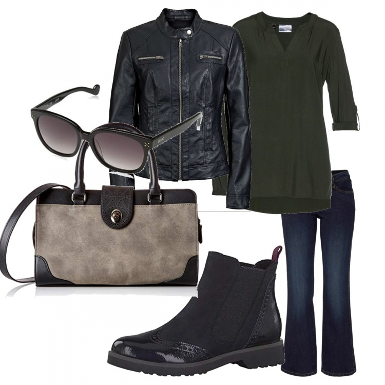Outfit donna - A spasso. Stile Basic per Tutti i giorni. look ideale per Petite. Abbinamento con jeans bootcut, tuniche, blazer, stivaletti chelsea, occhiali da sole in denim nero, borsa a tracolla.