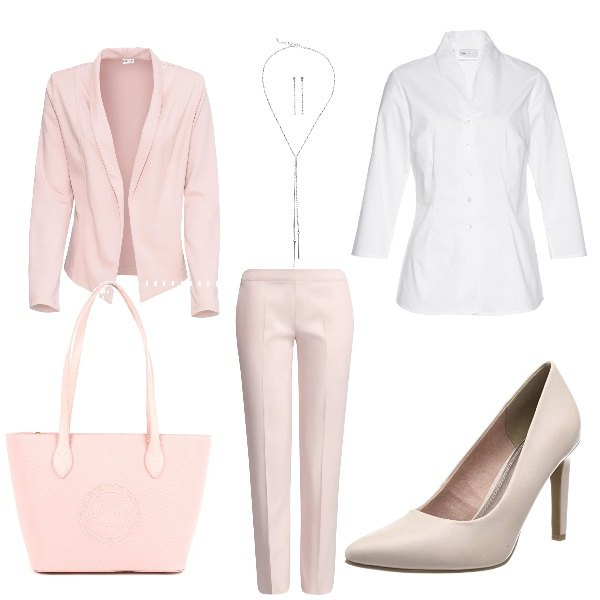 Outfit donna - Come il color delle Pesche. Stile Bon Ton per Ufficio. Abbinamento con camicie, blazer, collana pendenti, pantalone con cintura aderente rosa, scarpe con tacco rosa, borse.